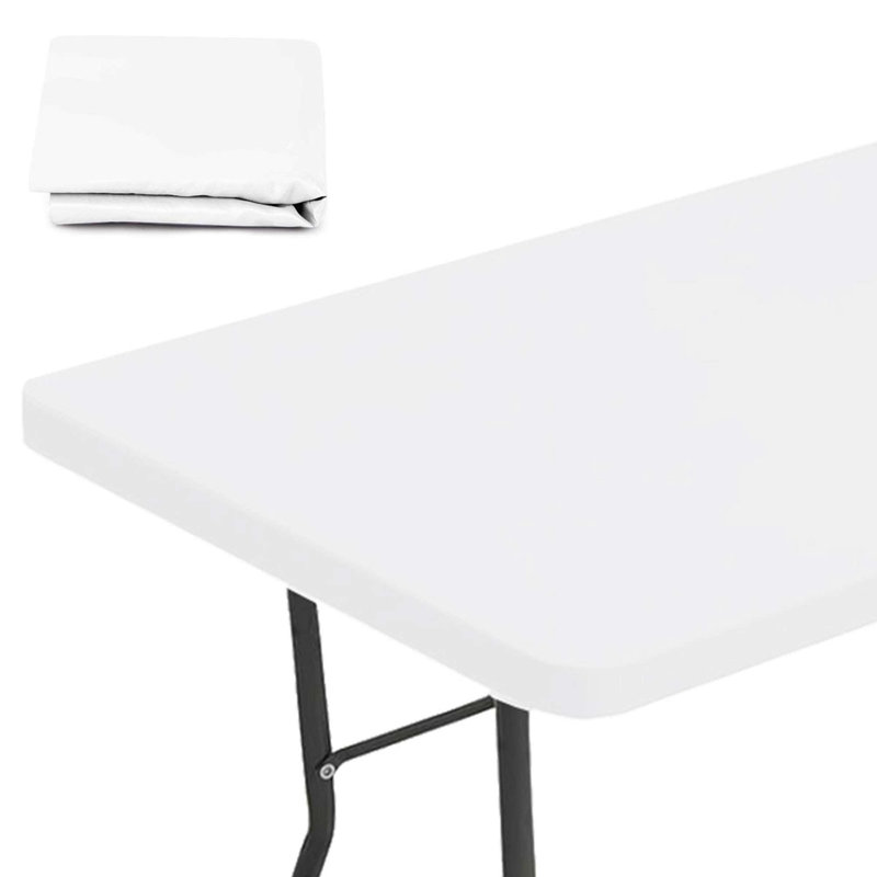 Rectangle Table Cloth Cover Waterproof Polyester Elastic Fitted Tablecloth for 6 Foot Tables, White
