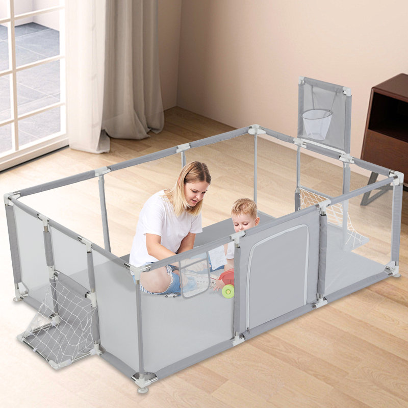 71"x48" Baby Playpen Sturdy Safety Play Yard Activity Center with Basketball Hoop and Football Net, Light Gray