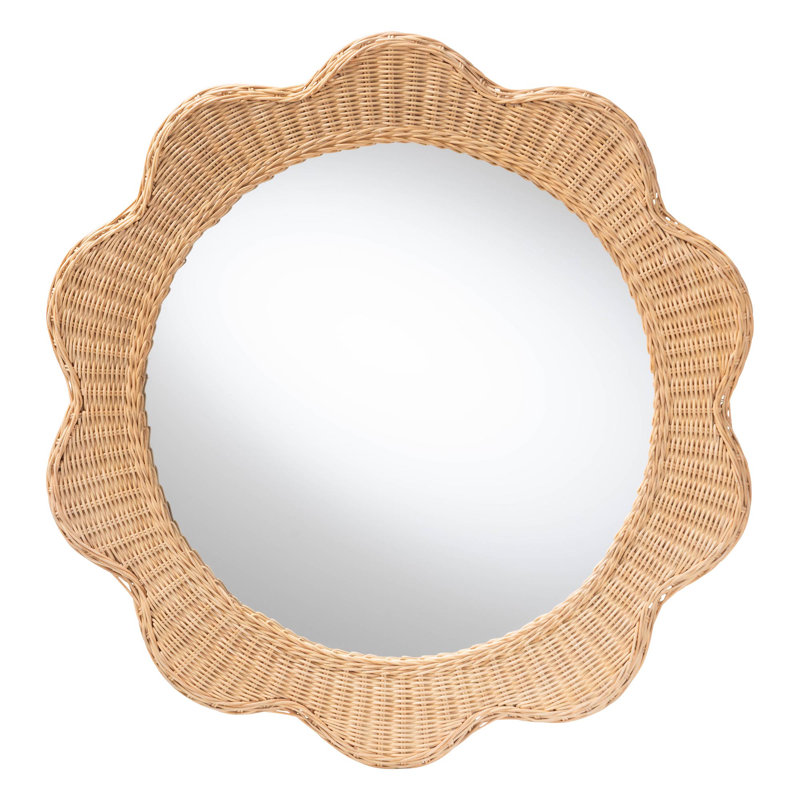 Bali & Pari Makoto Scalloped Natural Rattan Wall Mirror - Handwoven Wicker Round Frame, Boho Coastal Accent Wall Decor For Entryway, Bedroom, Or Living Room