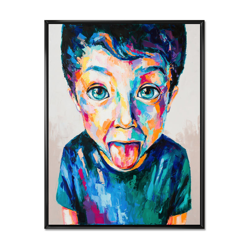 «Cute Kid Portrait on Stroke Paint II» - Peinture, H 32 po x l 16 po x P 1 po, Cadre flottant noir