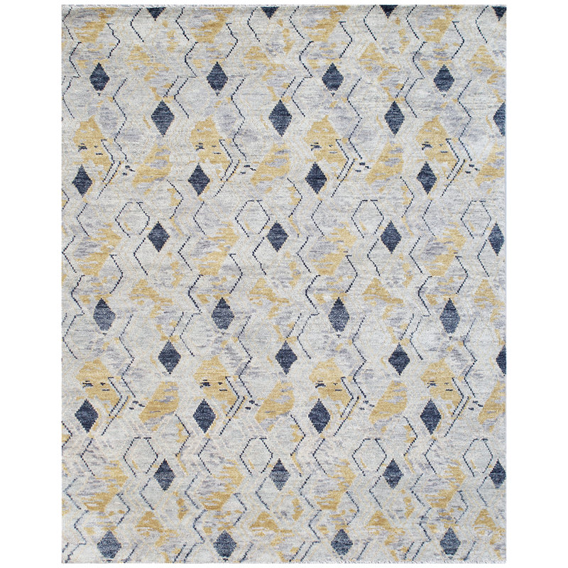 Tapis gris / jaune / bleu marine de haute qualité noué à la main, Rectangle 9 pi x 12 pi