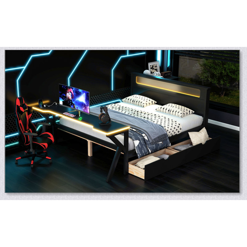 Wooden Gaming Platform Bed With LED Headboard, LED Desk, USB And Two Storage Drawers, Full