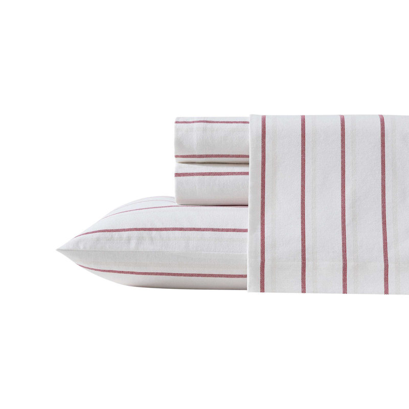 Ensemble de draps 100% coton 200 fils, Ensemble de draps pour grand lit avec 2 taies d'or, Rayures rouges