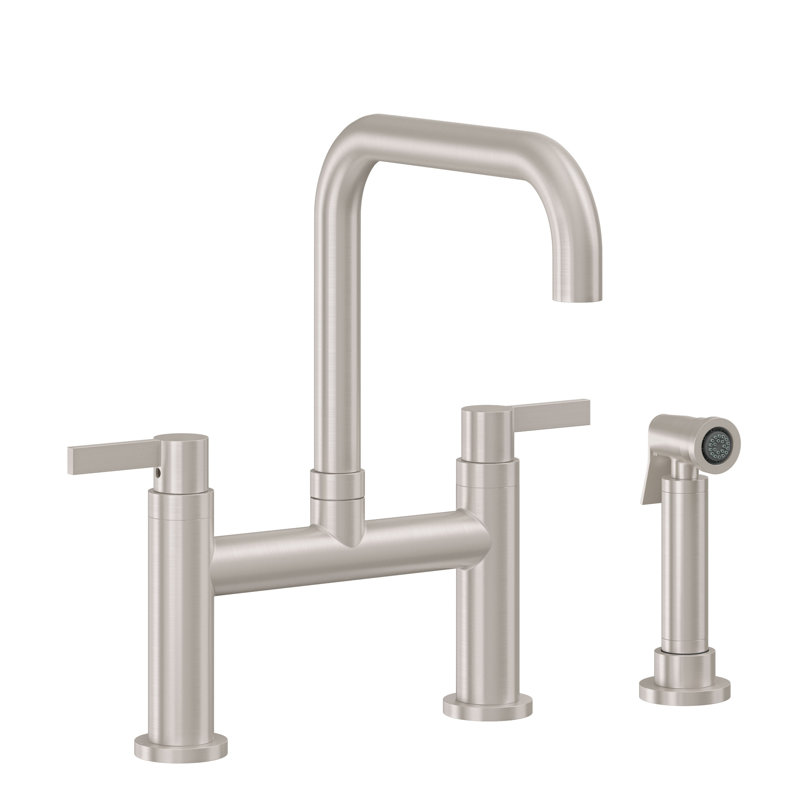 Bridge Kitchen Faucet - Quad, Antique Brass Flat, With Side Spray, E3 Series Metal Lever
