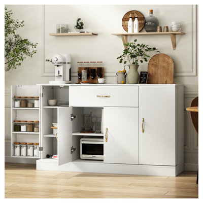 Sideboard Buffet Cabinet with Storage, Large Kitchen Storage Cabinet with 1 Drawer and 4 Doors, Modern Coffee Bar for Kitchen Dining Room, White