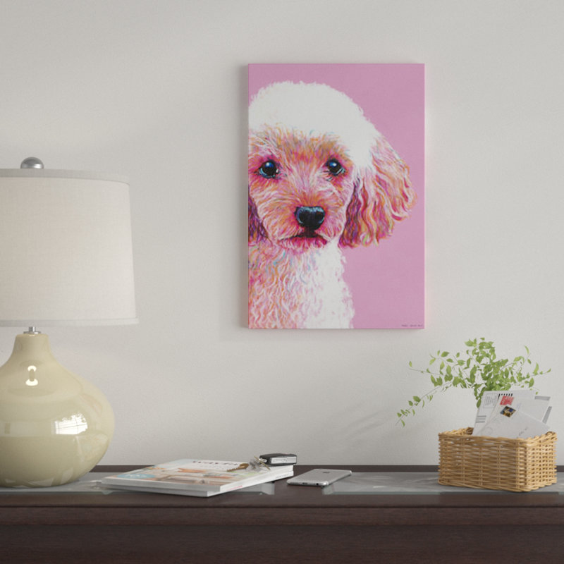 « caniche on rose » par kirstin en bois, impression sur toile, H 32 po x l 24 po x P 1 po, Papier d'art encadré noir, Blanc
