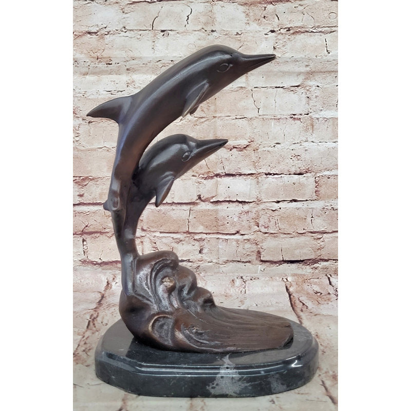 Sculpture de dauphin en bronze signée et numérotée - Dauphins sautant par-dessus des vagues