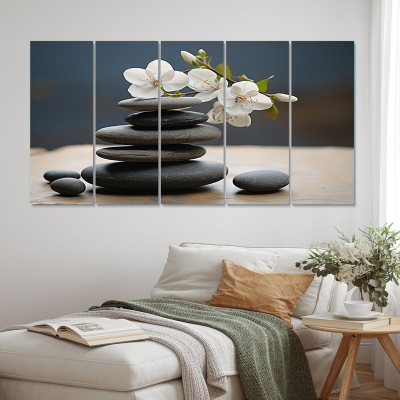 Zen River Stone Magnolias I - salon d'art mural lys - 5 panneaux égaux