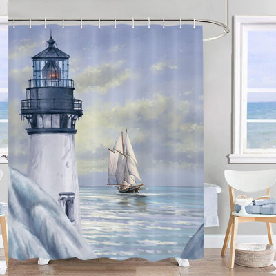 Sunrise Ocean Nautical Shower Curtain Set - Waterproof Art Blue Lighthouse Bathroom Decor with Hooks
