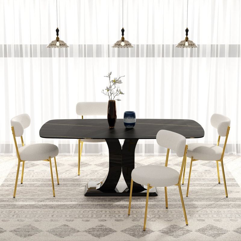 Ensemble de salle à manger rectangulaire moderne avec chaise Teddy, Noir, Doré / Blanc, 5 pièces (table, 4 chaises)