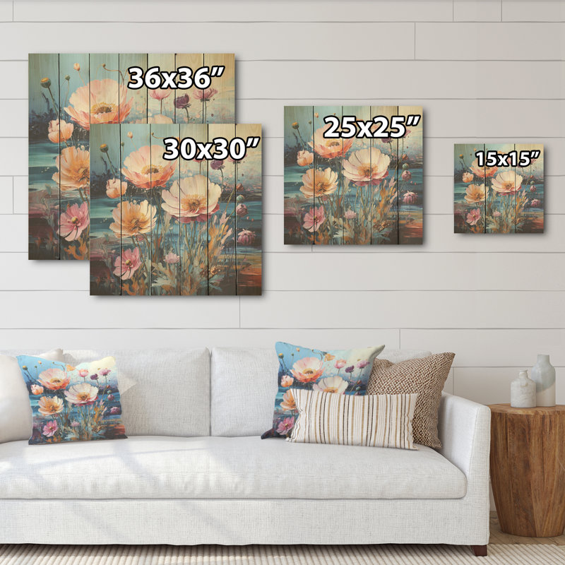 Art liquide multicolore sur fond de fleurs - champ de fleurs, art mural sur bois de pin naturel, H 15 po x l 15 po