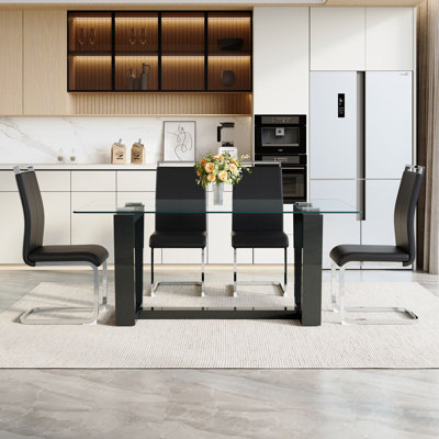 Ensemble de table de salle à manger de 63 po pour 4 à 6 personnes, table de cuisine moderne en verre trempé avec chaises en similicuir