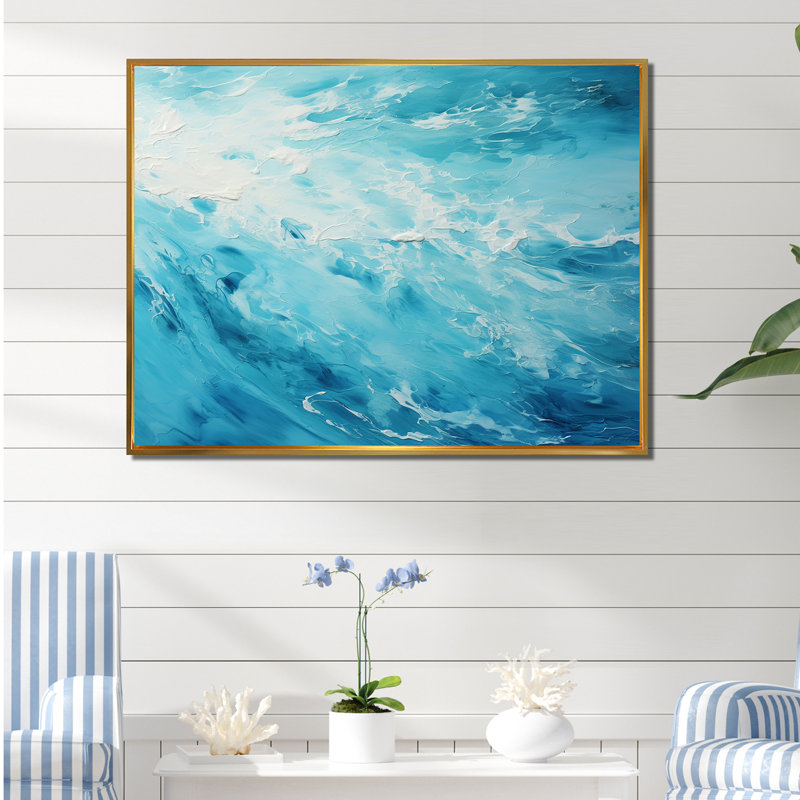 «Azure Blue Lagoon Horizon II», reproduction d'art mural plage et océan, Cadre flottant doré, H 24 po x l 32 po