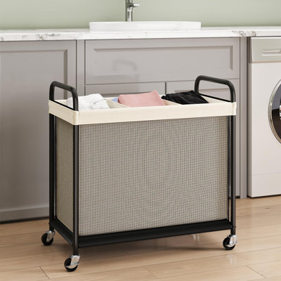 Laundry Hamper 3 Section, 120L Rolling Laundry Sorter with Wheels, Removable Washable Liner Bags, Sturdy Steel Frame and Metal Handle, 3 Compartment Clothes Organizer for Laundry Sorting, (Beige)