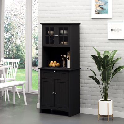 Élégant buffet avec tiroir de rangement noir pour garde-manger, espace pour micro-ondes et tablettes réglables pour l'organisation des pots de couleur et de la vaisselle