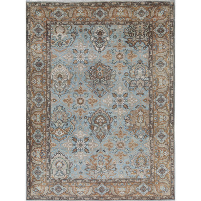 Hand-Knotted High-Quality Light Blue and Rust Area Rug
