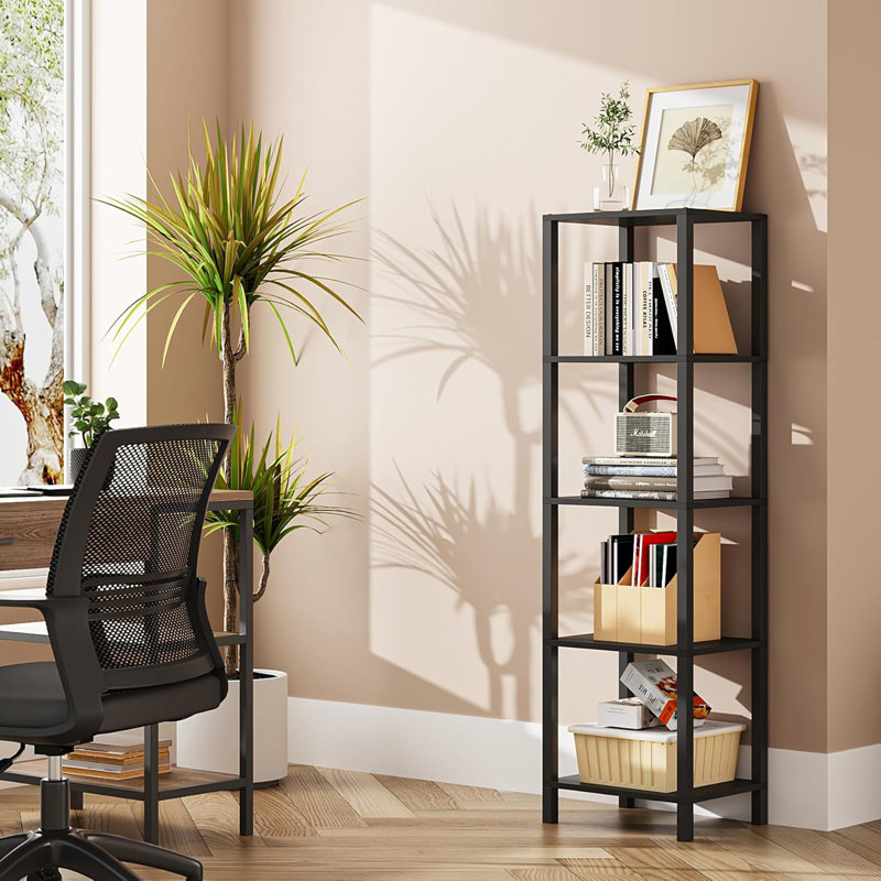 Tall Bookcase Shelf For Small Spaces, Narrow Stackable Storage Shelf For Living Room, Office, Study, Entryway - Industrial Rustic Design
