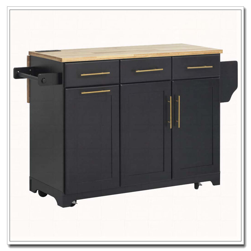 59.3" Kitchen Island with 2 Pull Out Cabinet Organizers & Rubber Wood Drop Leaf, Rolling Kitchen Island with Trash Can Storage, Power Outlet, Spice & Towel Rack for Kitchen, Dining