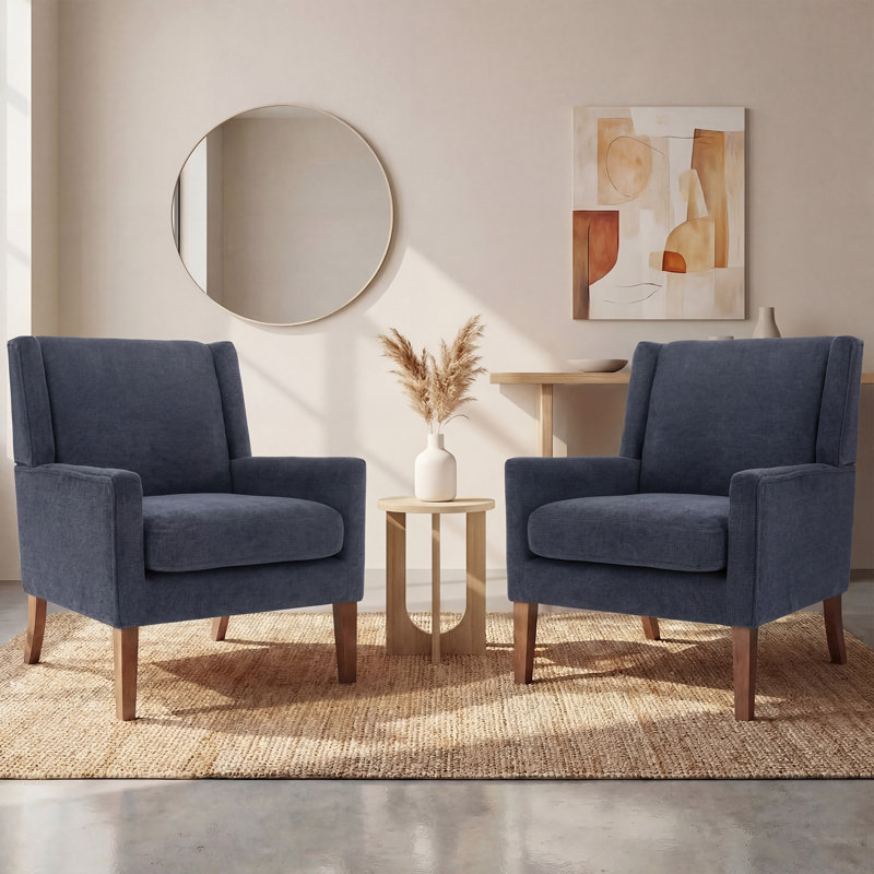 Fauteuil d'appoint rembourré en tissu avec pieds en bois massif Leston, Lin bleu