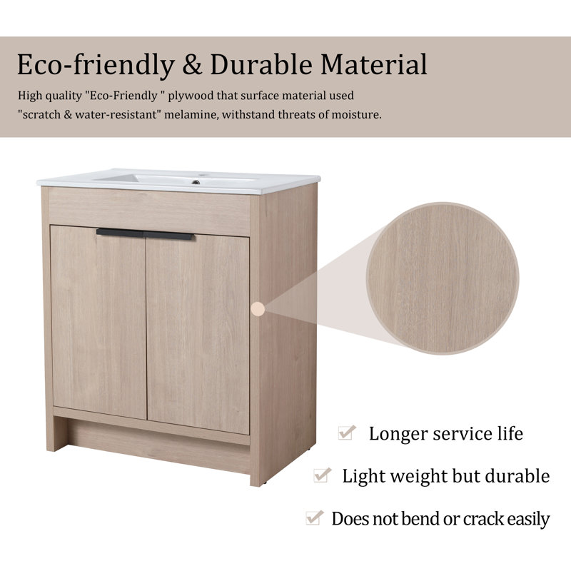 30'' Single Bathroom Vanity with Ceramic Top, Lightoak