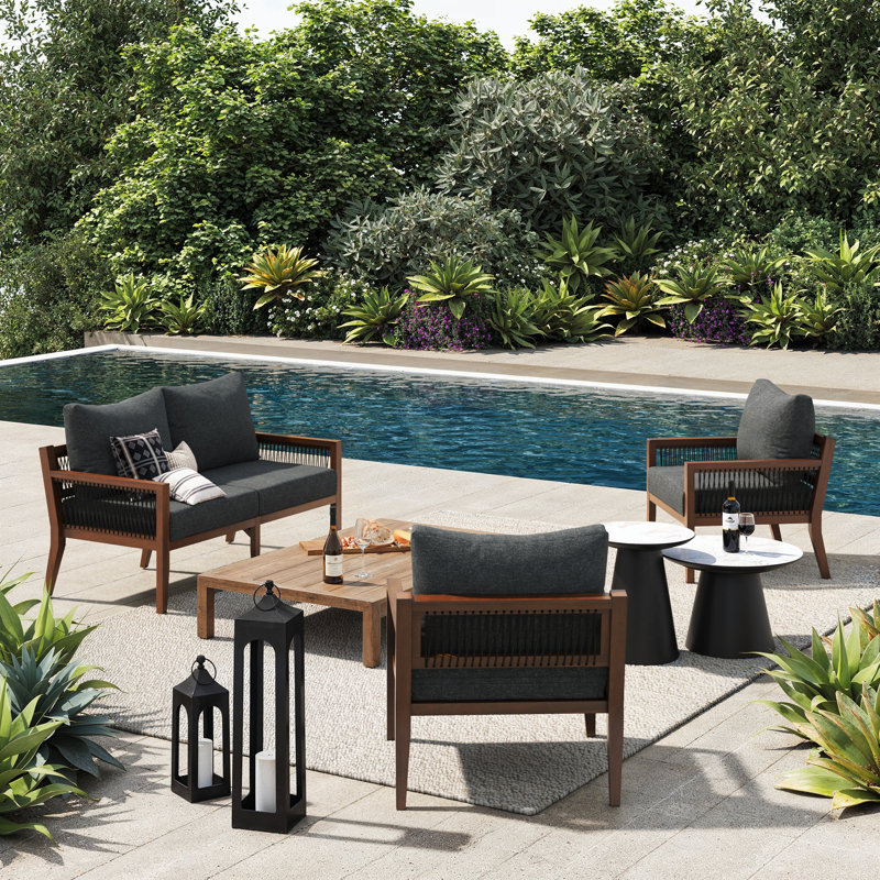 Chariyah Solid Wood 4 - Person Seating Group with Cushions, Dark Brown Frame/Gray Cushion
