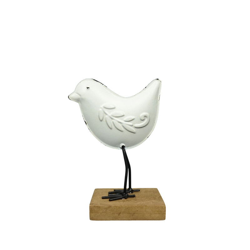 Oiseau blanc en métal avec support 7 pi, H 6 po x l 4,5 po x P 2,5 po, Blanc / noir