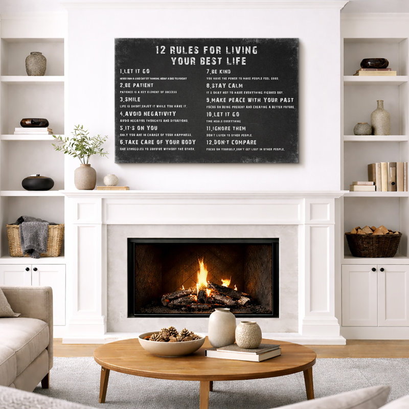 12 Rules For Living Your Best Life Inspirational Guide Framed On Canvas Print, 24" H x 36" W, Wrapped Canvas