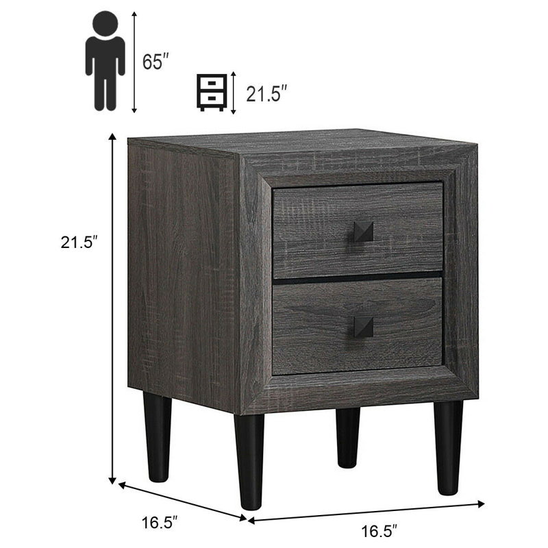 Grey MDF and Rubber Wood 2-Drawer Nightstand with Black Legs