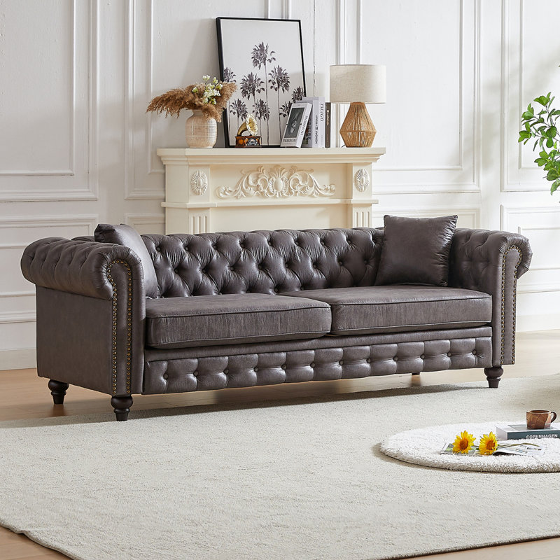 Canapé Chesterfield en similicuir, H 28,3 po x l 85,5 po x P 32,3 po, Gris