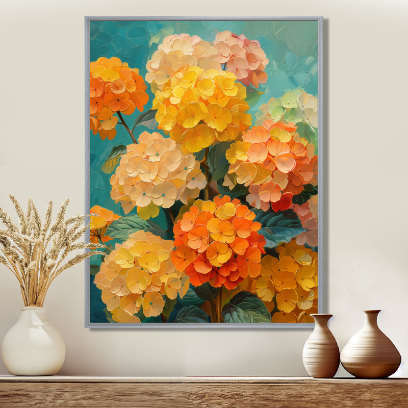 Hortensia orange et bleu qui fleurit en été II - décoration murale hortensia, Encadrement argenté, H 12 po x l 20 po