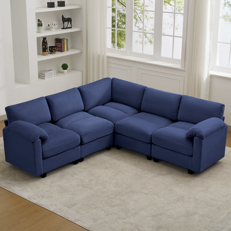 Canapé modulaire 5 places avec accoudoirs coussinés, Chenille bleu