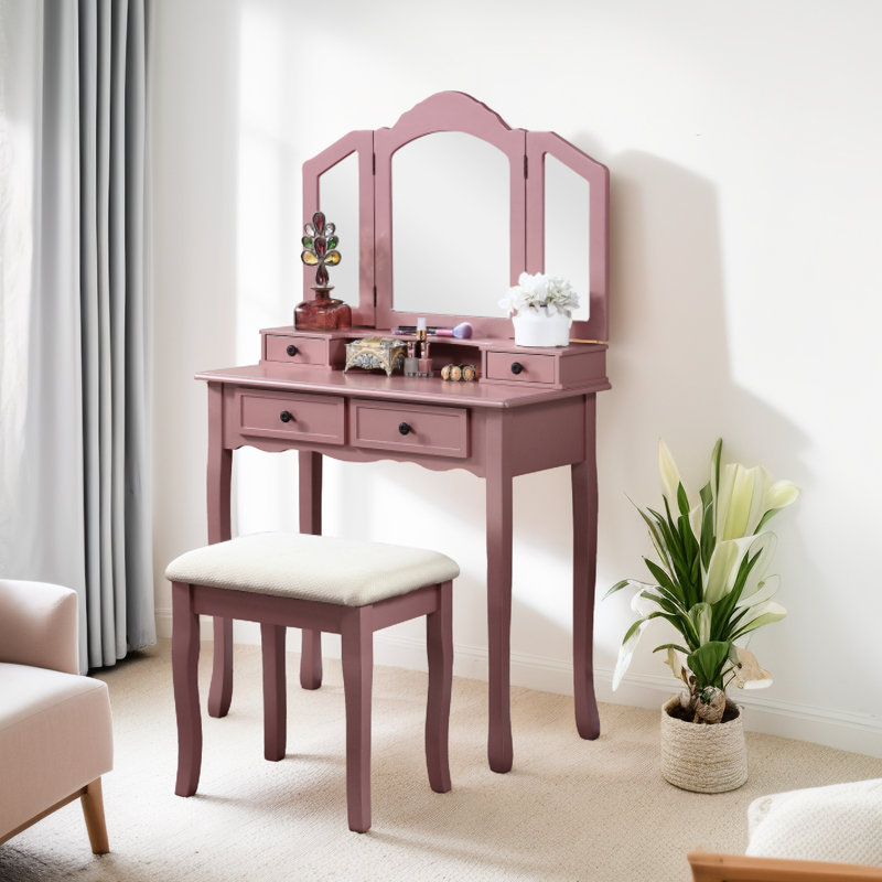 Table de coiffeuse et tabouret en or rose, matériau en bois avec grand compartiment de rangement en bois, tabouret rembourré épais