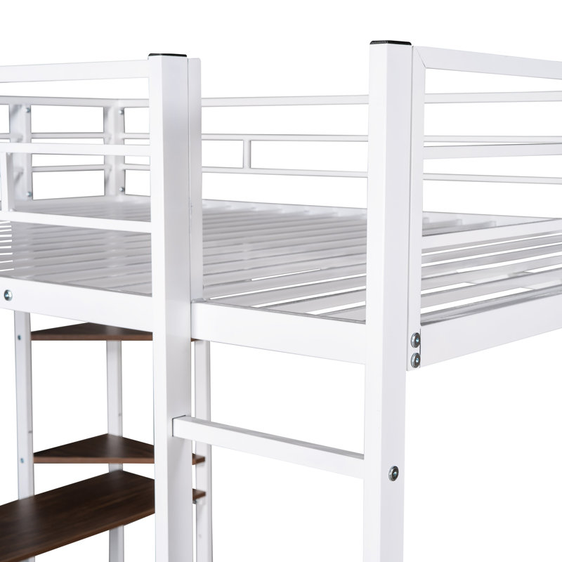 Lit mezzanine en métal avec bureau et 2 tablettes, blanc - Espace robuste utilisant une tablette pleine grandeur, Blanc