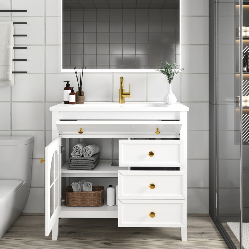 Meuble-lavabo blanc de 35,6 po de style Mid-Century avec verre antique, éclairage activé par le mouvement et beaucoup d'espace de rangement