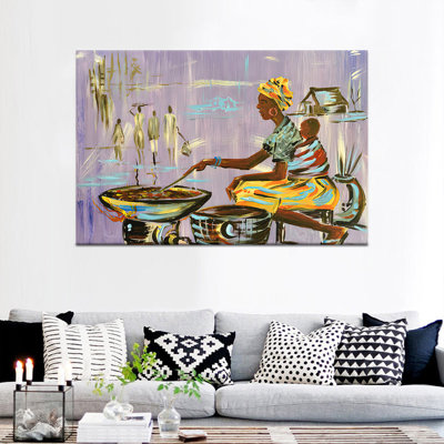 Authentic Nigerian Decor: African Woman Cooking Canvas Wall Art Print,1P Wrapped Canvas