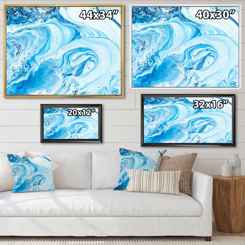 Encre liquide bleue et blanche II, reproduction sur toile, H 24 po x l 32 po, Toile à cadre flottant noir