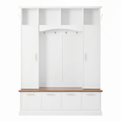 4-IN-1 Elegant 59" Wide Hall Tree with Golden Hooks & Handles, Practical Entryway Walnut Bench with Adjustable Shelves, 76.7"H Farmhouse Wooden Style by Red Barrel Studio