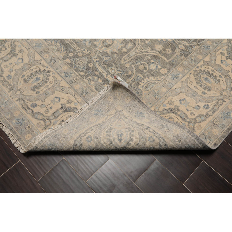 Tapis gris en laine noué à la main de conception unique 8 pi x 10 pi