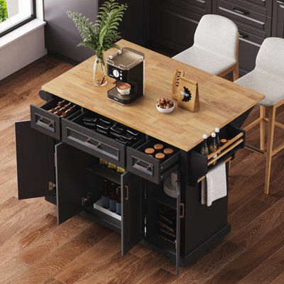 54inch Large Kitchen Island with Rubber Wood Drop Leaf, Embossed Texture Rolling Kitchen Cart on 4 Wheels with 4 Doors and 3 Drawers, Kitchen Island with Storage for Kitchen, Dining Room,Black