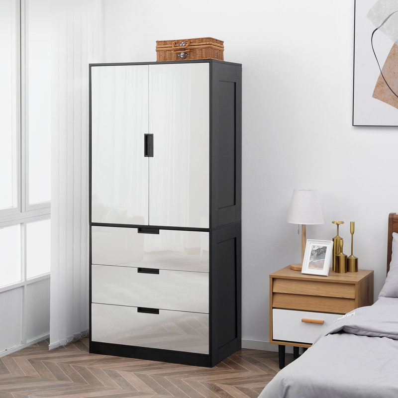 Keiralyn 2 Door Manufactured Wood Wardrobe, Black/High Gloss White