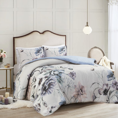 Literie imprimée en coton - Grande taille Shabby Chic avec motif floral doux et housse de couette 3 pièces à motif élégant pour lit