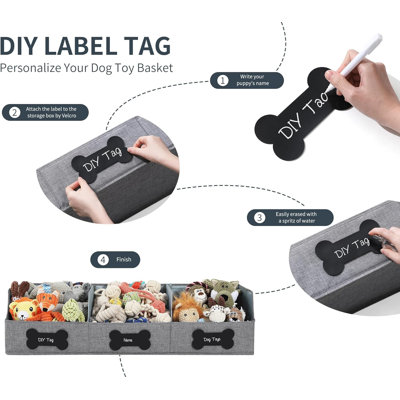 Grand panier à jouets pour chien avec étiquette de bricolage, gris