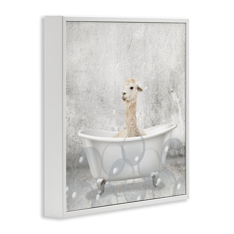 «Baby Llama Bath Time», reproduction d'impression, H 12 po x l 12 po, Estampe numérique encadrée blanc bord de mer