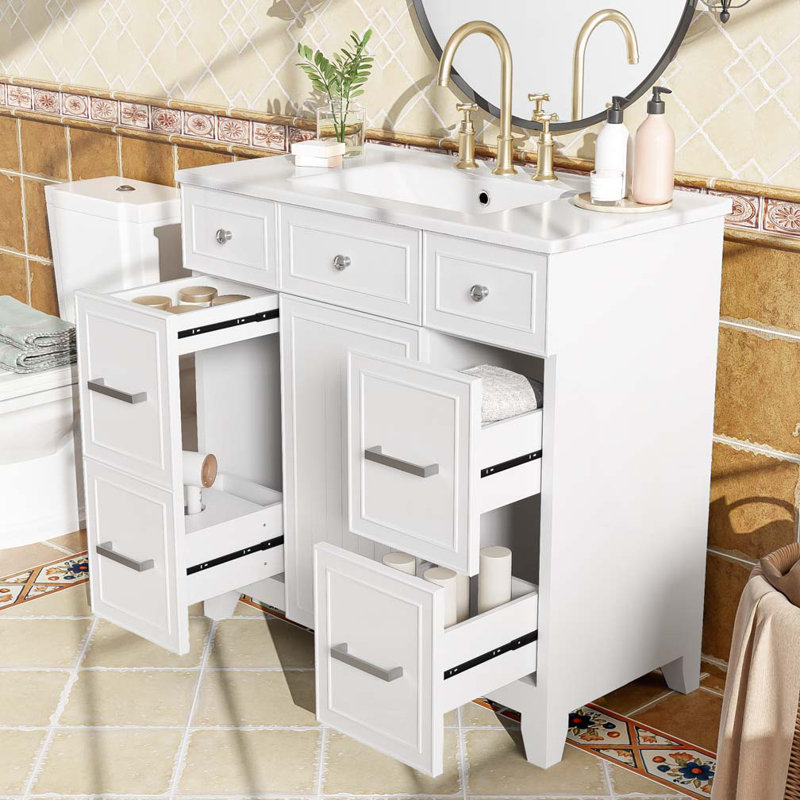Meuble-lavabo avec lavabo en céramique, tablettes réglables et 3 tiroirs, Argent argent, Blanc