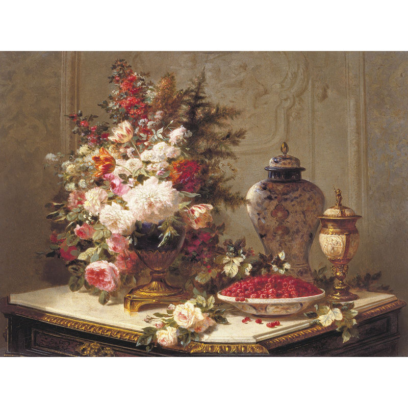 Floral Composition On A Table by Jean-Baptiste Robie - Wrapped Canvas Painting, 60cm H x 80cm W x 4cm D