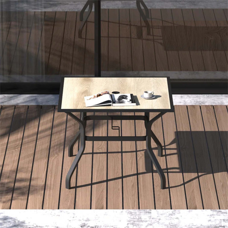 Sturdy Square Patio Dining Table with Umbrella Hole and Wood-Look Tabletop