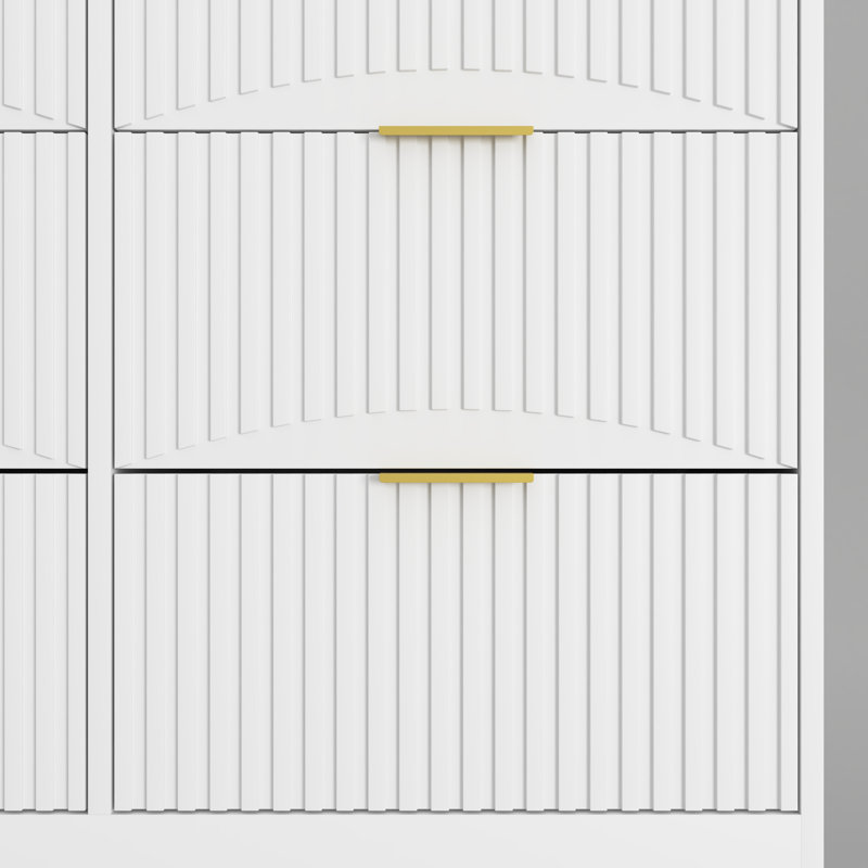 Commode 9 tiroirs, grande commode profonde de 63 po avec panneaux ondulés et poignées dorées, longue armoire de rangement moderne en bois pour la chambre à coucher, le salon et le couloir
