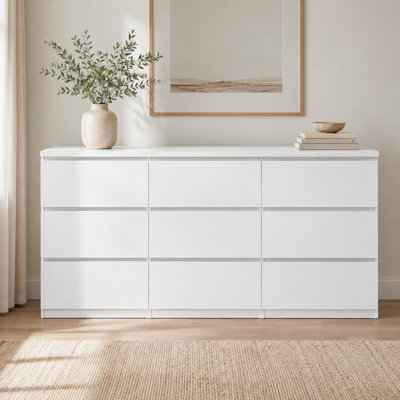 White matte solid wood modern dresser without handles nine drawers can be used as storage cabinet for bedroom hallway foyer