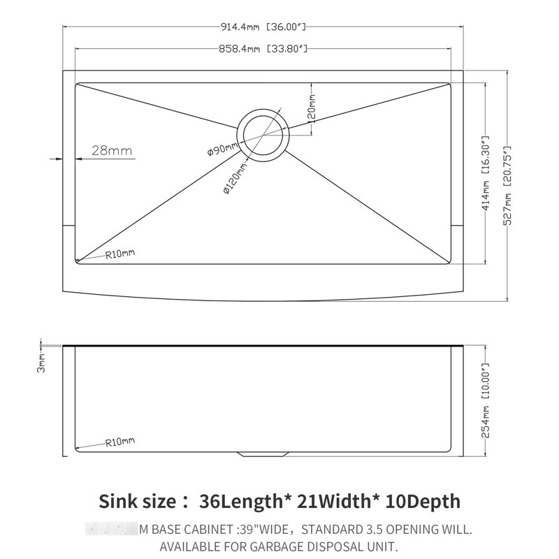 Évier en acier inoxydable de 36 po - Acier inoxydable - Tablier de calibre 16 - Surface durable et lisse. Excellent drainage. Comprend un évier, un support, une grille inférieure, des pinces d'installation, un drain de crépine, de l'acier manuel.
