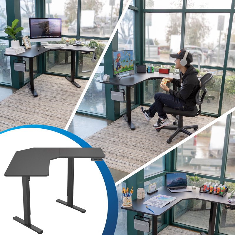 Adjustable L-Shaped Metal Base Standing Desk with Power Outlet